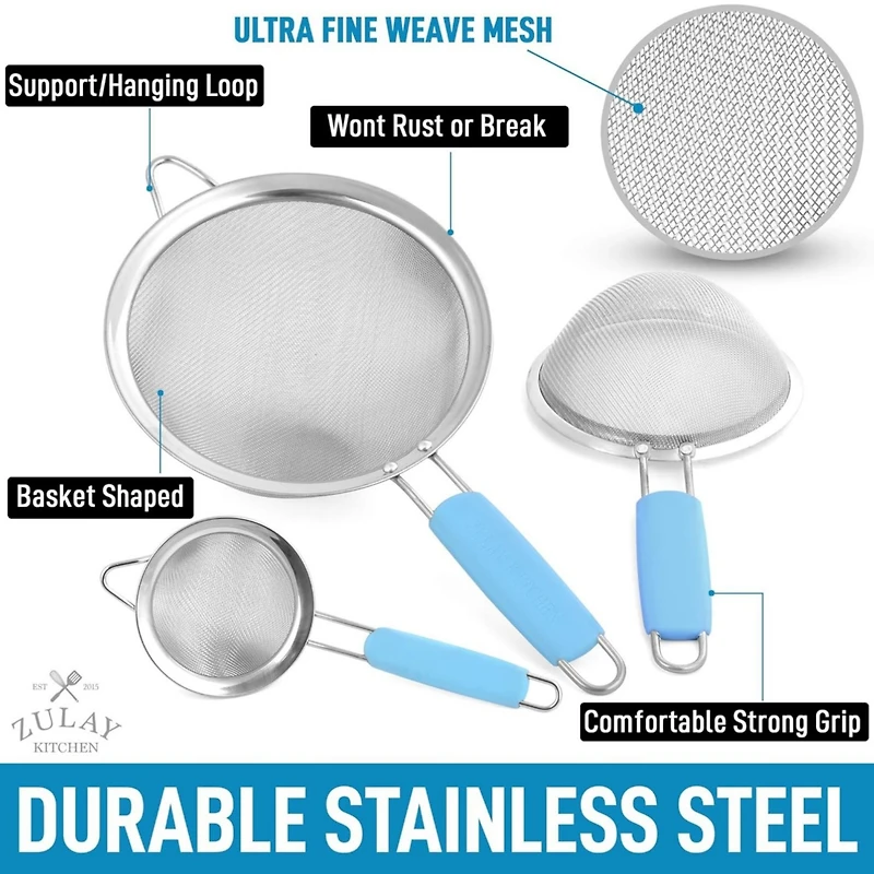 Premium Stainless Steel Fine Mesh Strainer Set - Strainers for Kitchen (Set of 3) with Non-slip Handles