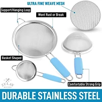Premium Stainless Steel Fine Mesh Strainer Set - Strainers for Kitchen (Set of 3) with Non-slip Handles