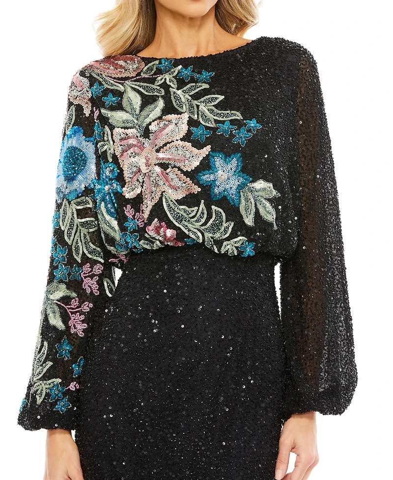 Mac Duggal Women's Sequined Floral Blouson Long-Sleeve Gown