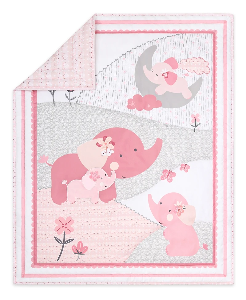 The Peanutshell Pink Elephant Crib Bedding Set for Baby Girls, 3 Piece Nursery Set