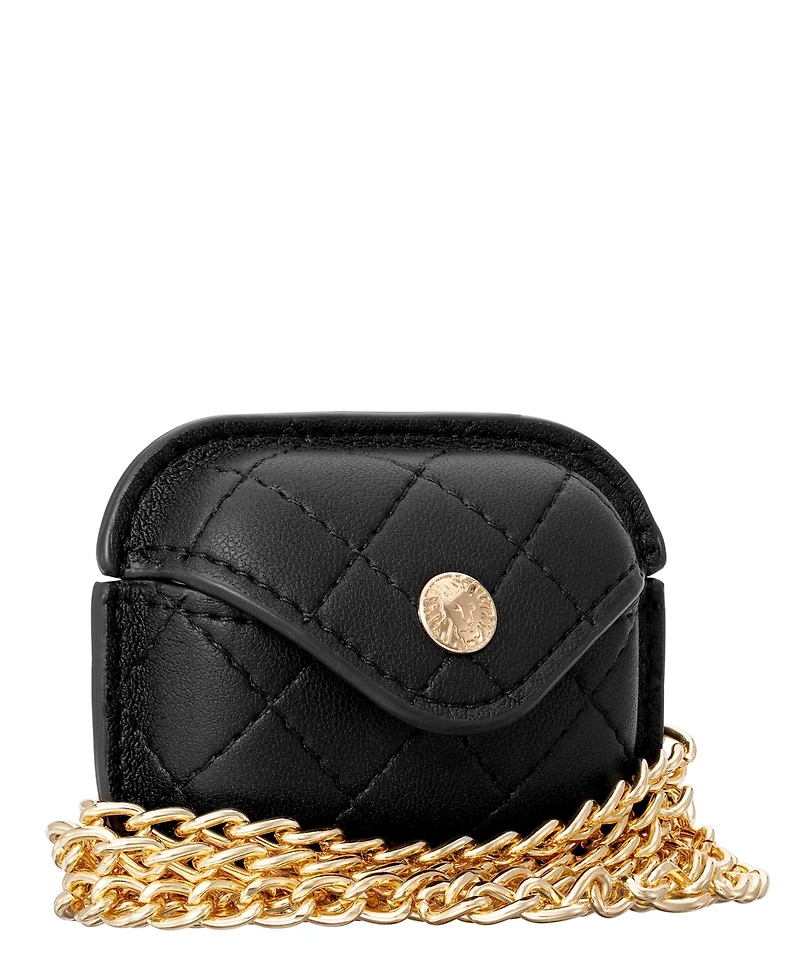 Anne Klein Women's Black Faux Leather Quilted Case with Crossbody Chain designed for AirPods Pro