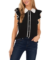 CeCe Women's Contrast Trimmed Flutter Sleeve Blouse