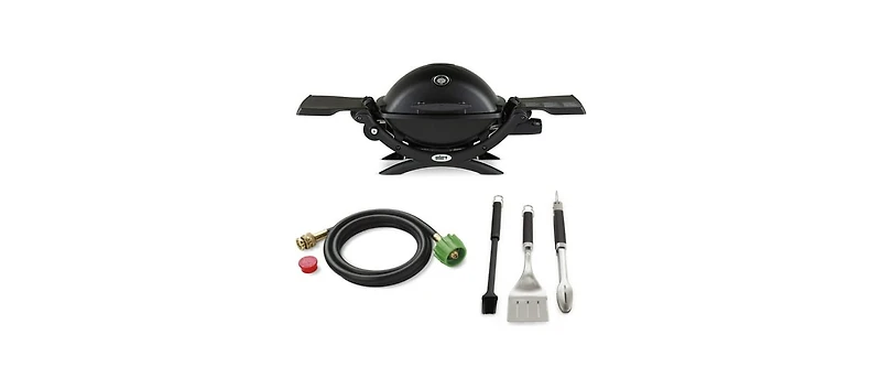 Weber Q 1200 Gas Grill (Black) With Adapter Hose And 3-Piece Grilling Tool Set