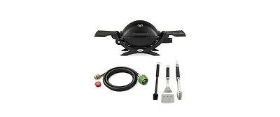 Weber Q 1200 Gas Grill (Black) With Adapter Hose And 3-Piece Grilling Tool Set