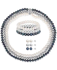 7-Pc. Set White, Black, & Gray Cultured Freshwater Pearl (7-1/2 - 8mm) Necklace, Bracelets, & Stud Earrings