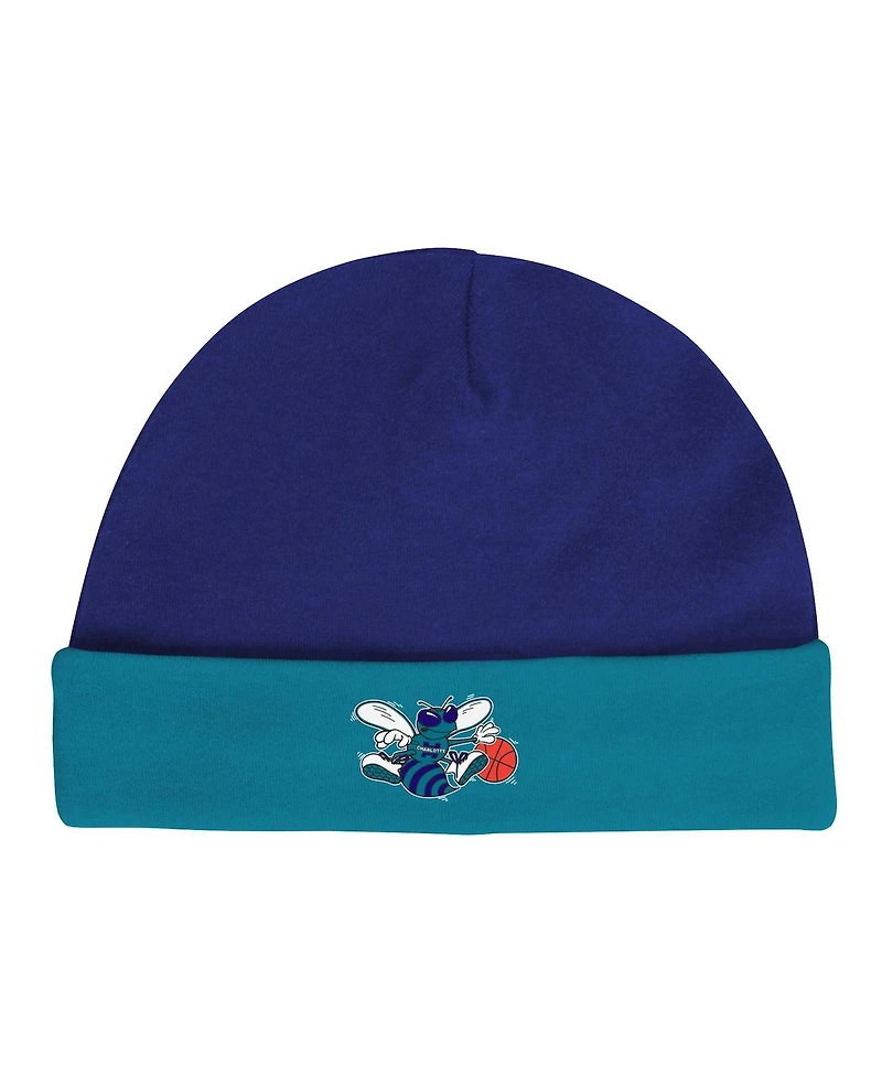 Newborn and Infant Boys Girls Mitchell & Ness Purple, Teal Charlotte Hornets 3-Piece Hardwood Classics Bodysuits Cuffed Knit Hat Set