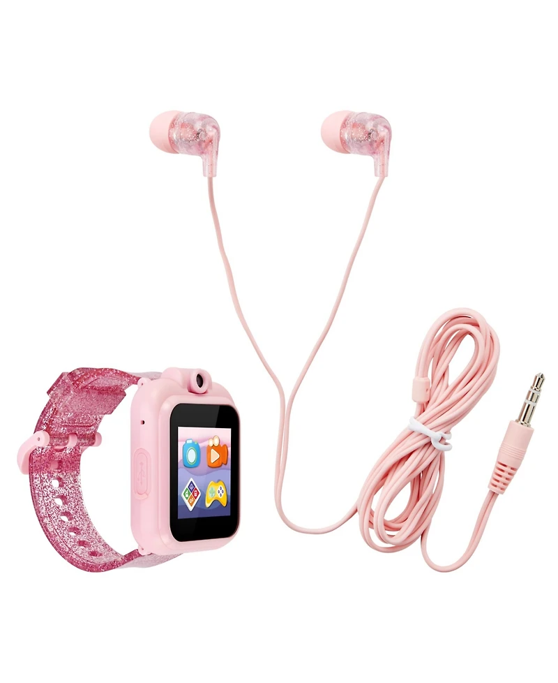 Playzoom Kid's Pink Glitter Silicone Strap Touchscreen Smart Watch 42mm with Earbuds Gift Set
