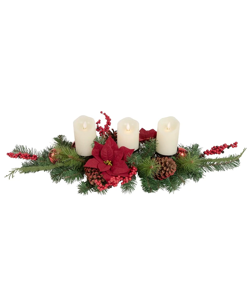 Northlight Artificial Mixed Pine Berries and Poinsettia Christmas Candle Holder Centerpiece, 32"