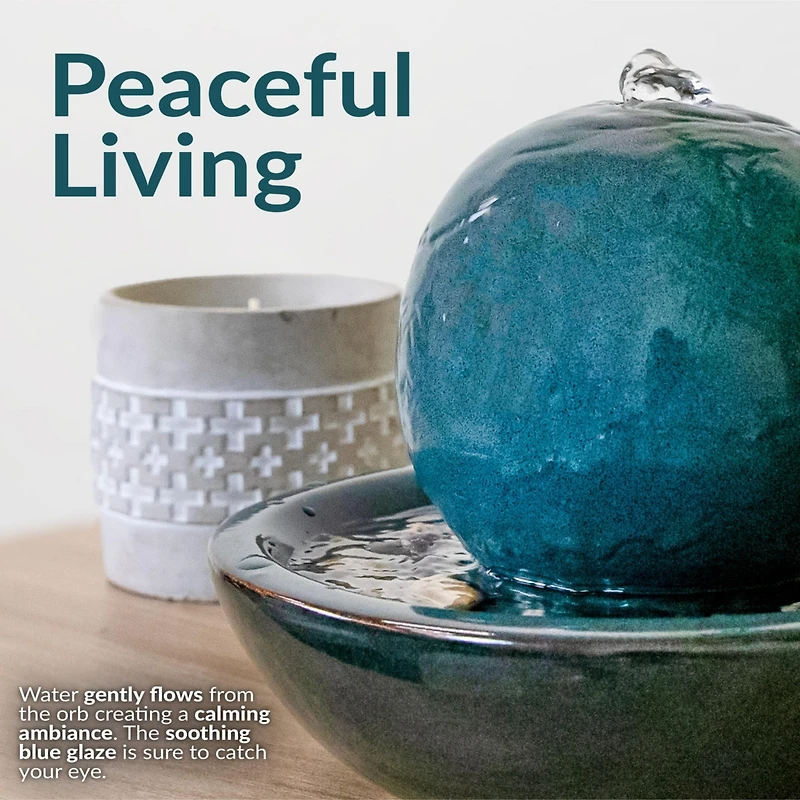 Indoor Home Decorative Smooth Glazed Ceramic Orb Tabletop Water Fountain Feature - 7" - Teal