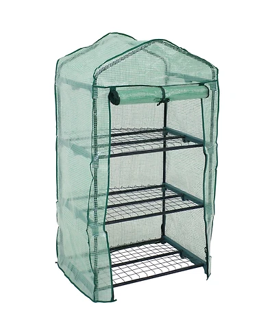 Outdoor Portable 3-Tier Mini Greenhouse with Roll-up Zippered Door and Steel Wire Shelves - Green