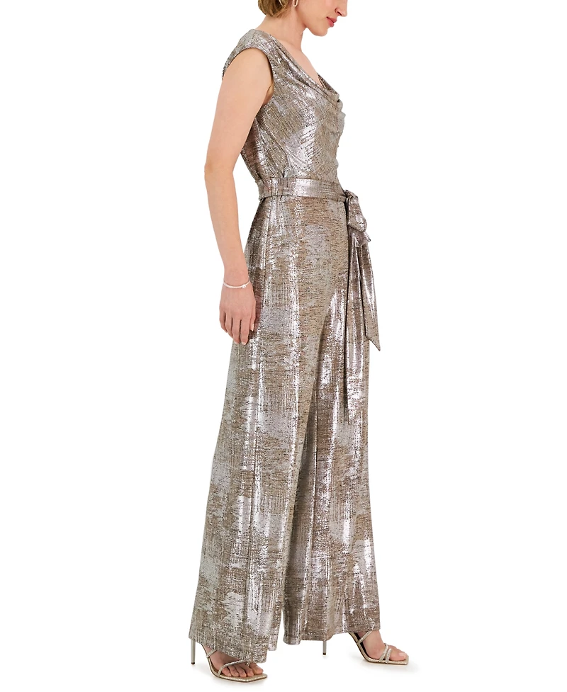 Connected Petite Metallic Jersey Cowl Neck Jumpsuit