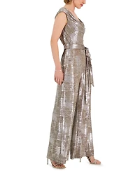 Connected Petite Metallic Jersey Cowl Neck Jumpsuit
