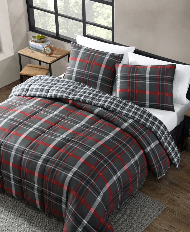 Closeout! Eddie Bauer Willow Plaid Microsuede Reversible Comforter Set, King
