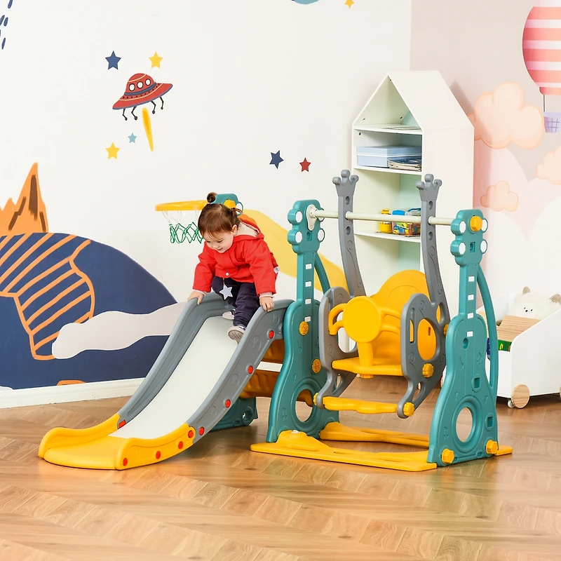 Qaba Toddler Swing and Slide Set with Basketball Hoop, Guitar Theme,