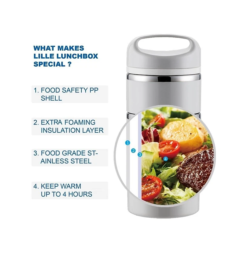 Lille Home Stackable Compartment Lunch Box With Lunch Bag, Cutlery Set, Grey