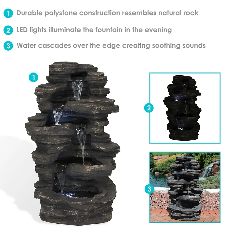 Sunnydaze Decor Rock Falls 39-Inch Polystone Outdoor Water Fountain with Led Lights