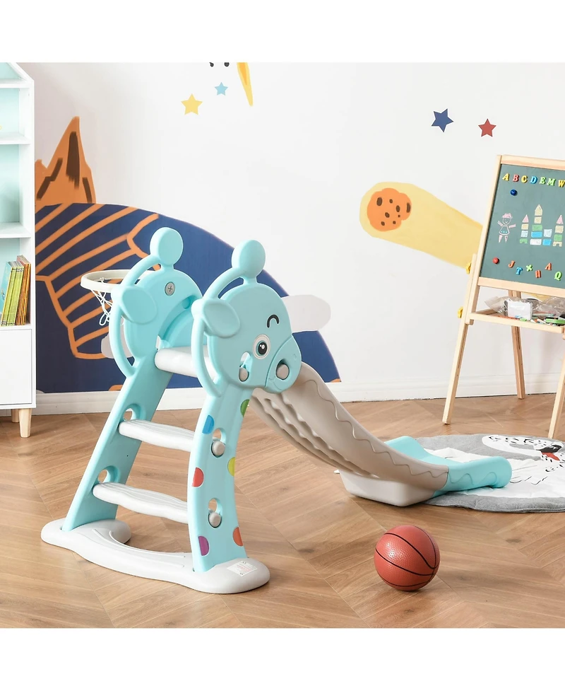 Qaba 2 in 1 Kids Wide Slide with Rails and Basketball Hoop, Blue