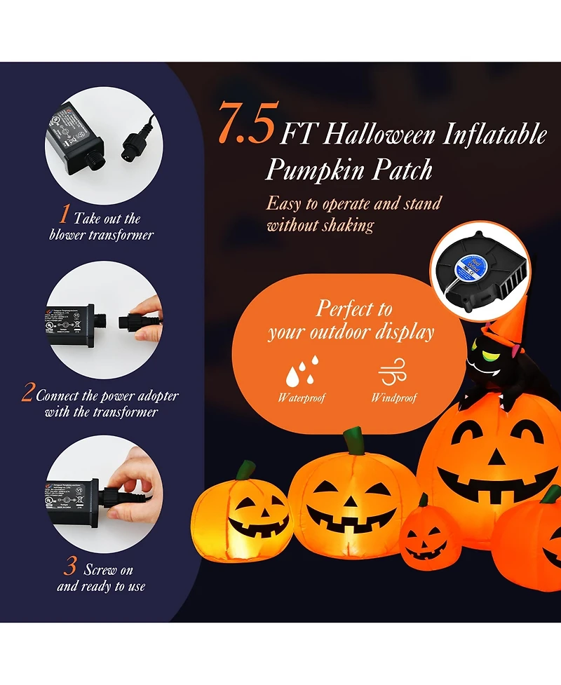 Costway Halloween 7.5 Ft Inflatable Pumpkin Combo Decoration w/ Witch Black Cat