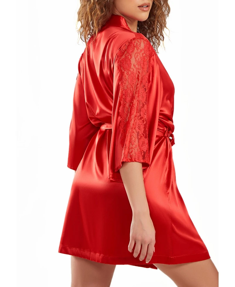 iCollection Women's Milena Satin and Lace Robe with Self Tie Sash