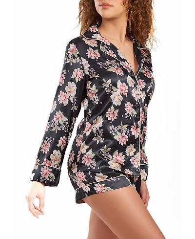 iCollection Women's Cyrus Floral Satin Pajama Short Set with Cuff Detail