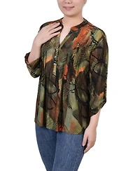 Ny Collection Petite 3/4 Roll Tab Sleeve Printed Pintuck Top