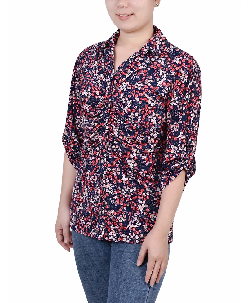 Ny Collection Petite 3/4 Roll Tab Rouched-Front Top