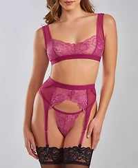 iCollection Women's Ruby Soft Cup Bralette, Garter and Lace Panty Set, 3 Piece