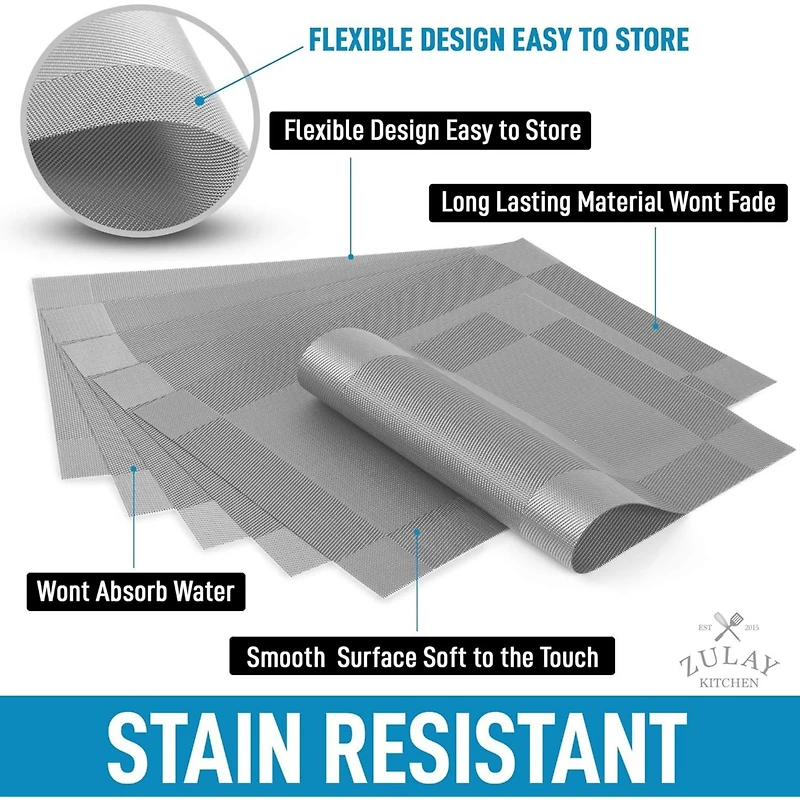 Vinyl Woven Placemats for Dining Table Set of 6 - Stain-Resistant & Non-Slip Pvc Table Place Mats