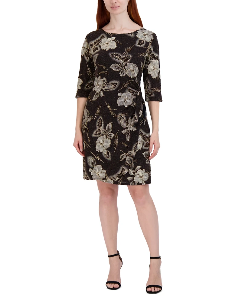 Robbie Bee Plus Floral-Print Side-Knot 3/4-Sleeve Sheath Dress