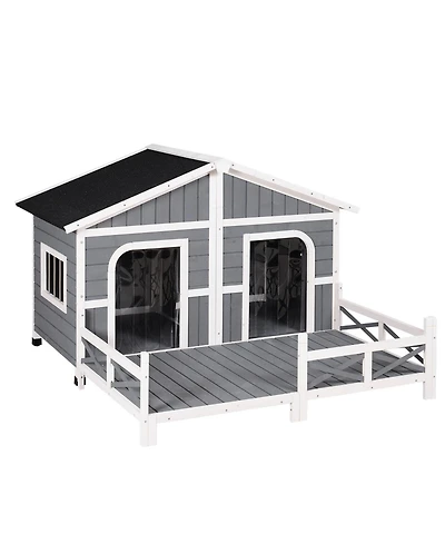 PawHut Wooden Large Dog House, Perfect for the Porch or Deck, 59" L, Grey
