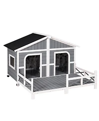 PawHut Wooden Large Dog House, Perfect for the Porch or Deck, 59" L, Grey