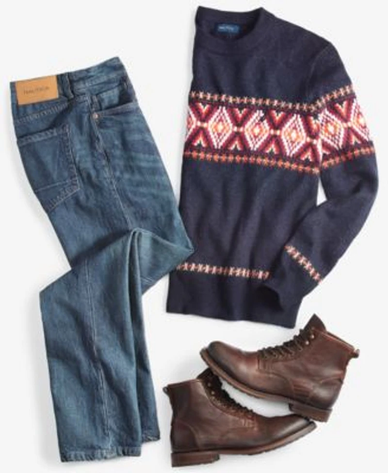 Nautica Mens Fair Isle Sweater Vintage Straight Fit Stretch Jeans Separates
