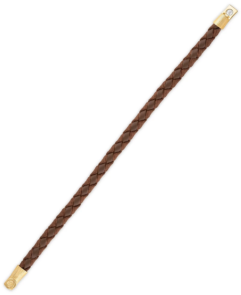 Esquire Men's Jewelry Black Leather Woven Bracelet in Sterling Silver (Also in Brown Leather & Blue Leather), Created for Macy's