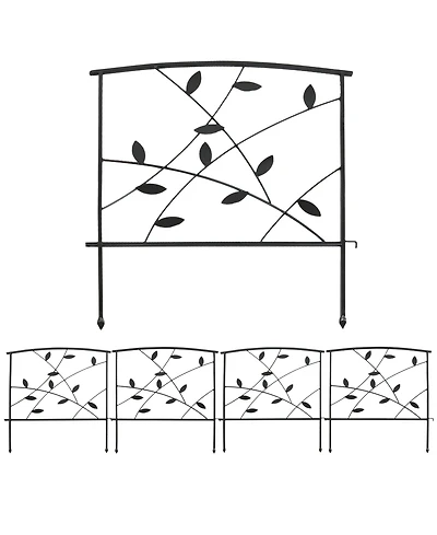 Modern Leaves and Vines 10-Foot 5-Piece Steel Decorative Garden Fence Panels - 26" W x 32" H Per Panel - Black