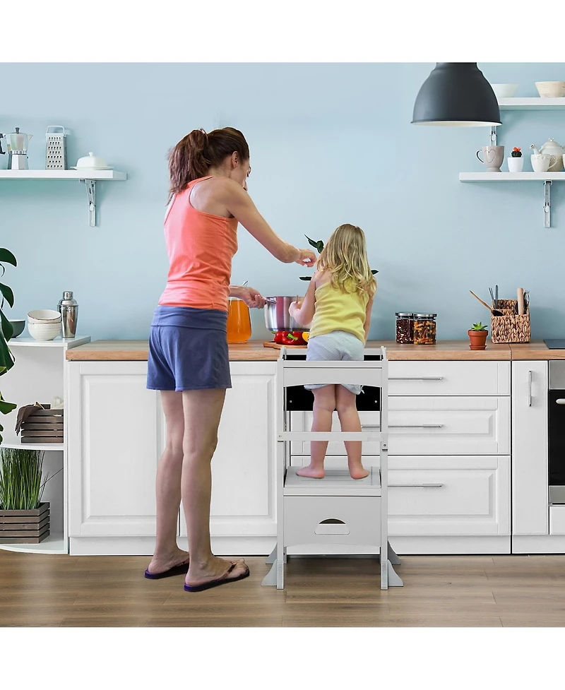 Qaba Kids Kitchen Foldable Step Stool w/ Chalkboard & Handrail 3-6 Yrs Old