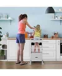 Qaba Kids Kitchen Foldable Step Stool w/ Chalkboard & Handrail 3-6 Yrs Old