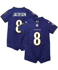 Boys and Girls Newborn Infant Nike Lamar Jackson Purple Baltimore Ravens Romper Jersey