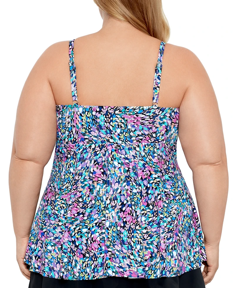 Swim Solutions Plus Size Printed V-Neck Underwire Tankini Top, Created for Macy's