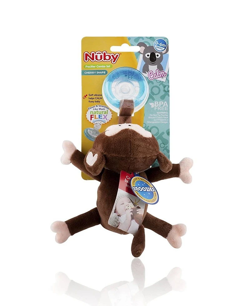 Nuby Baby Calming Natural Flex Snuggleez Pacifier with Plush Animal, Monkey