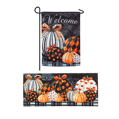 Evergreen Elegant Pattern Pumpkins Set of 2 Garden Flag and Sassafras Doormat Bundle Set