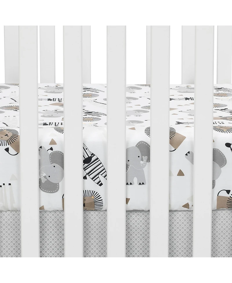 Lambs & Ivy Baby Jungle Safari 100% Cotton White/Gray Elephant/Lion Fitted Crib Sheet
