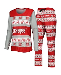 Women's Foco Scarlet Ohio State Buckeyes Ugly Long Sleeve T-shirt and Pajama Pants Sleep Set
