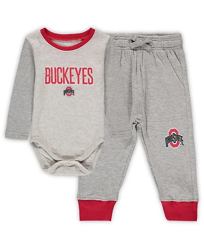Infant Boys and Girls Wes & Willy Heathered Gray, Scarlet Ohio State Buckeyes Jie Long Sleeve Bodysuit Pants Set