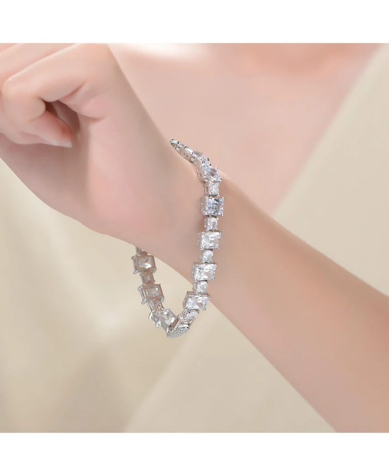Sterling Silver Rhodium Plated Clear Cubic Zirconia Modern Tennis Bracelet