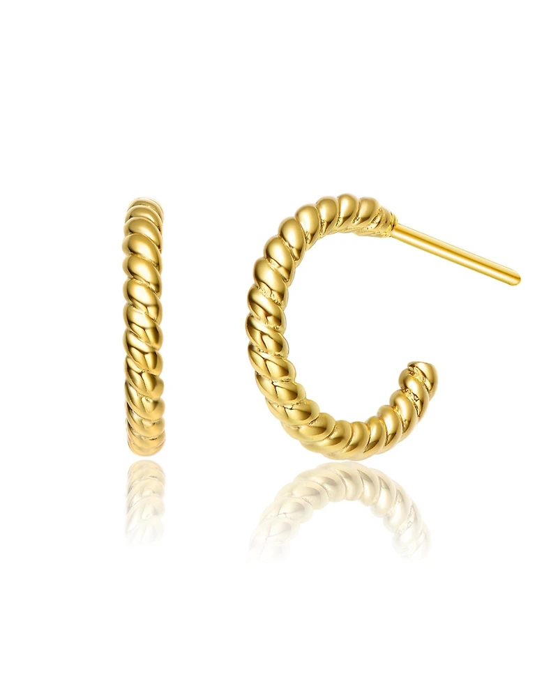 Sterling Silver 14K Gold Plated Clear Cubic Zirconia Ribbed Open Hoop Post Earrings