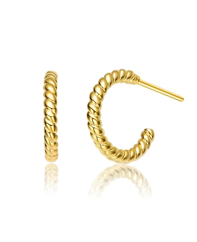 Sterling Silver 14K Gold Plated Clear Cubic Zirconia Ribbed Open Hoop Post Earrings