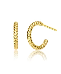 Sterling Silver 14K Gold Plated Clear Cubic Zirconia Ribbed Open Hoop Post Earrings