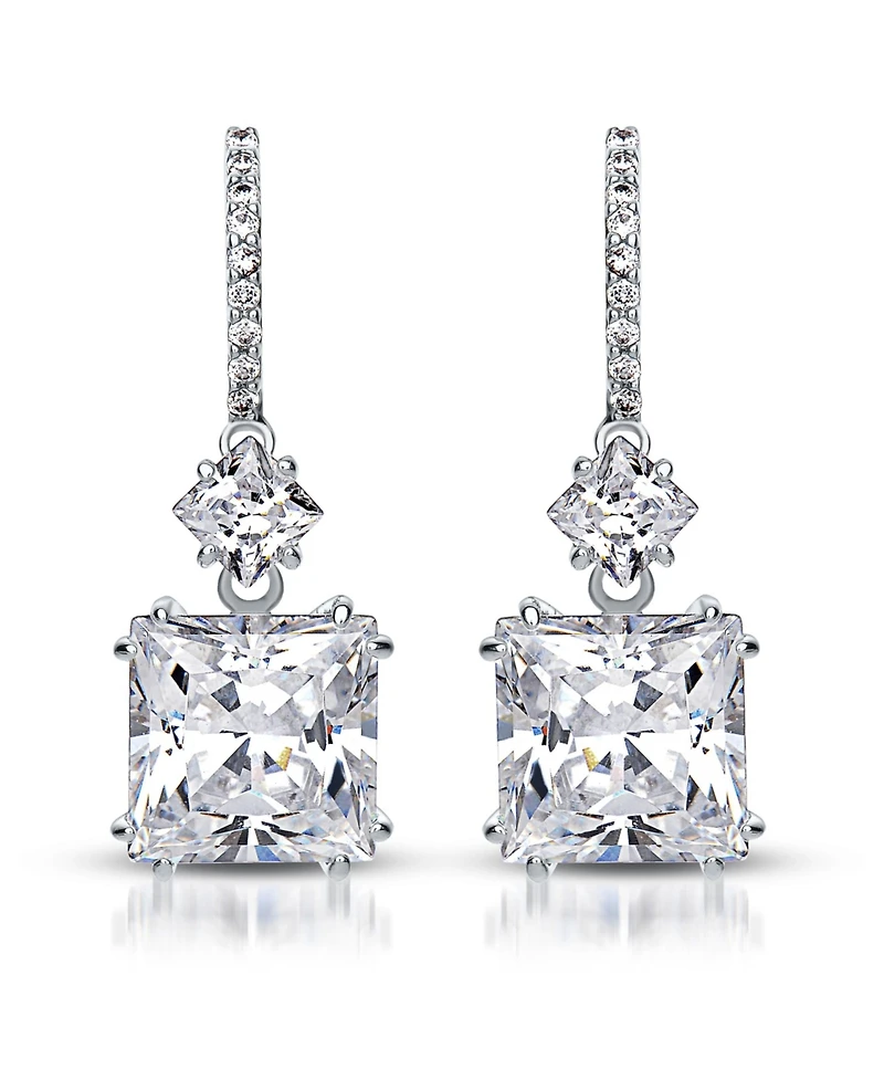 Cubic Zirconia Sterling Silver 18K Rose Plated Blue Square Shape Drop Earrings