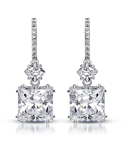 Cubic Zirconia Sterling Silver 18K Rose Plated Blue Square Shape Drop Earrings