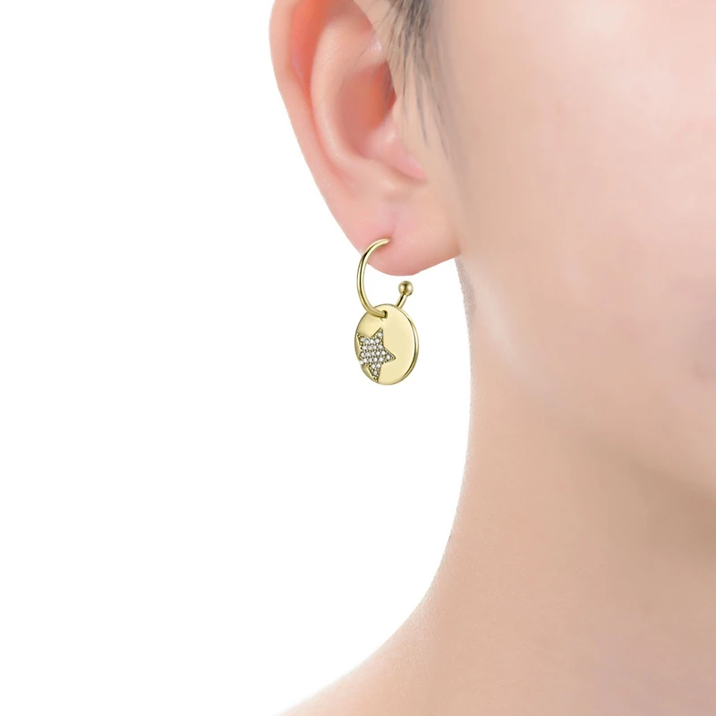 14k Gold Plated with Cubic Zirconia Star Medallion Charm C-Hoop Earrings